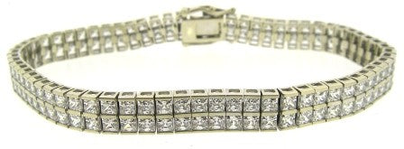 Vintage 9ct White Gold 2 Row Princess Cut Cubic Zirconia Tennis Bracelet 7.5'