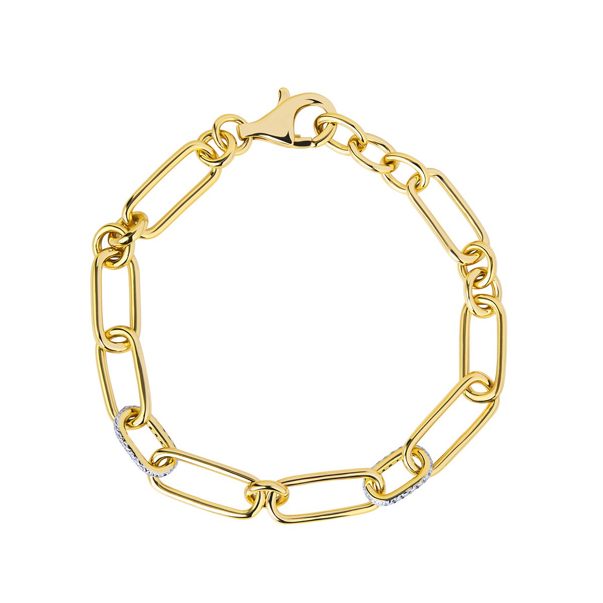 Sterling Silver Yellow Gold Plated Oval & Round Link Bracelet with Cubic Zirconia 7.5'