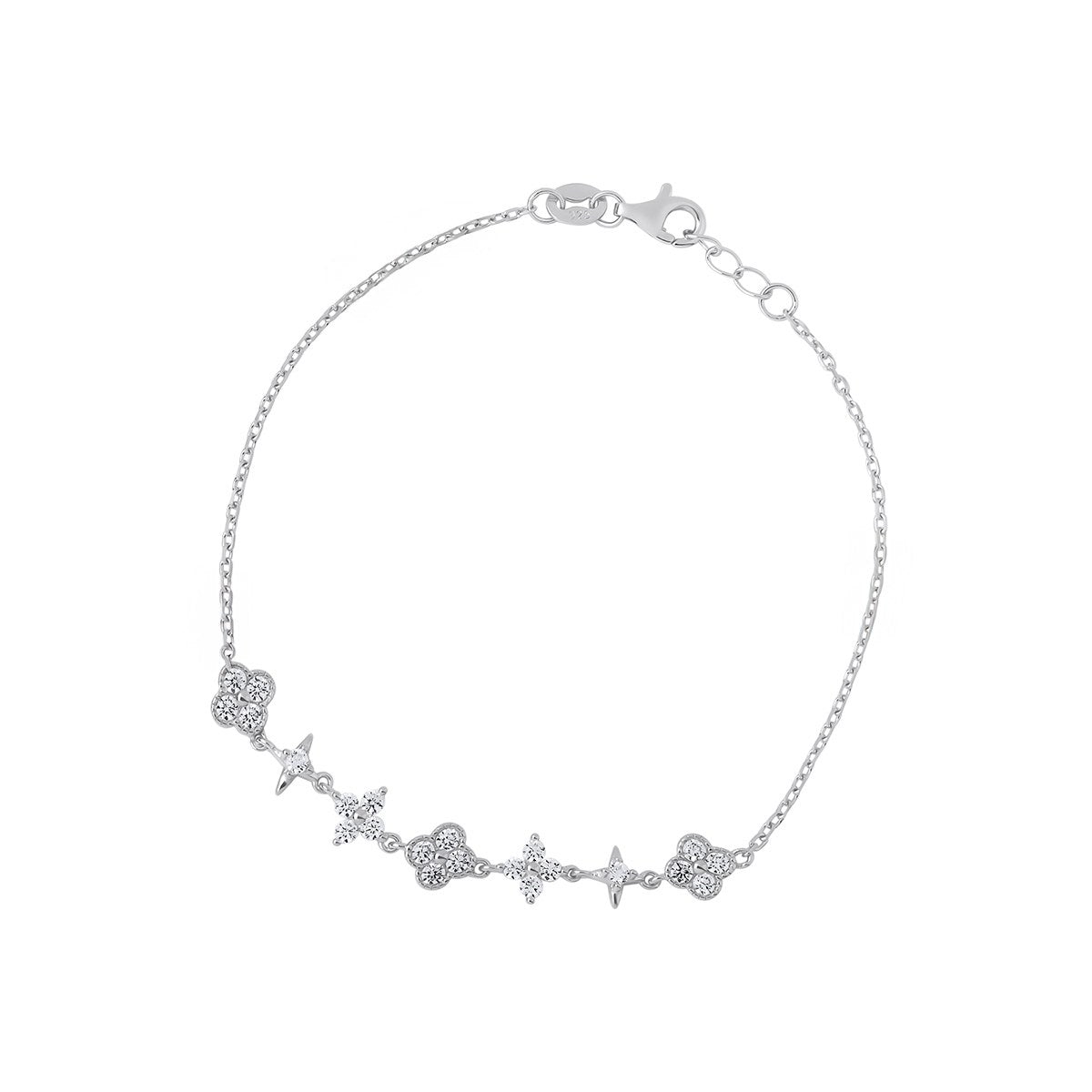 Sterling Silver Cubic Zirconia Clover Charm Bracelet 7.5'