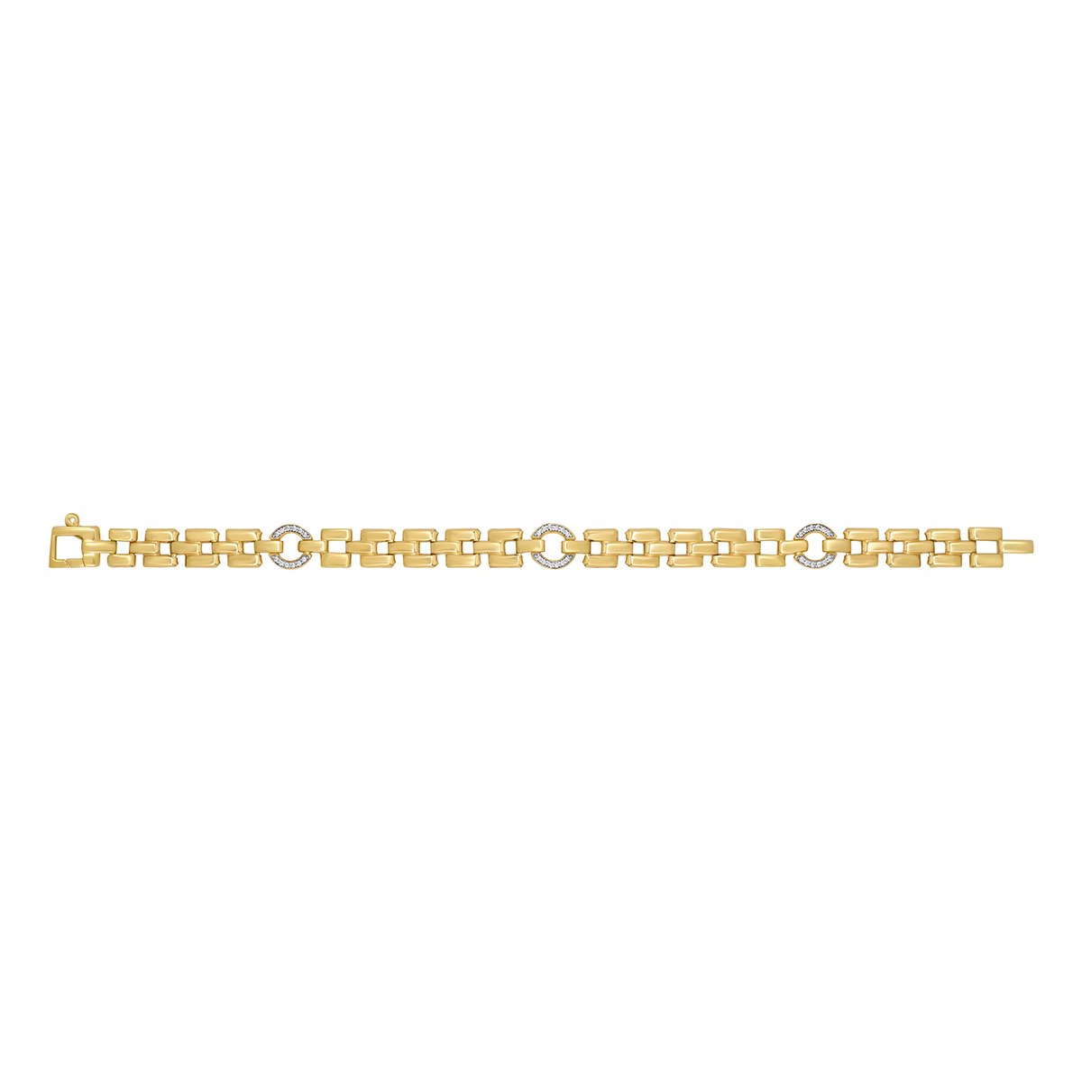 Sterling Silver Yellow Gold Plated 2 Row Brick Link Bracelet with 3 Cubic Zirconia Circles 7'
