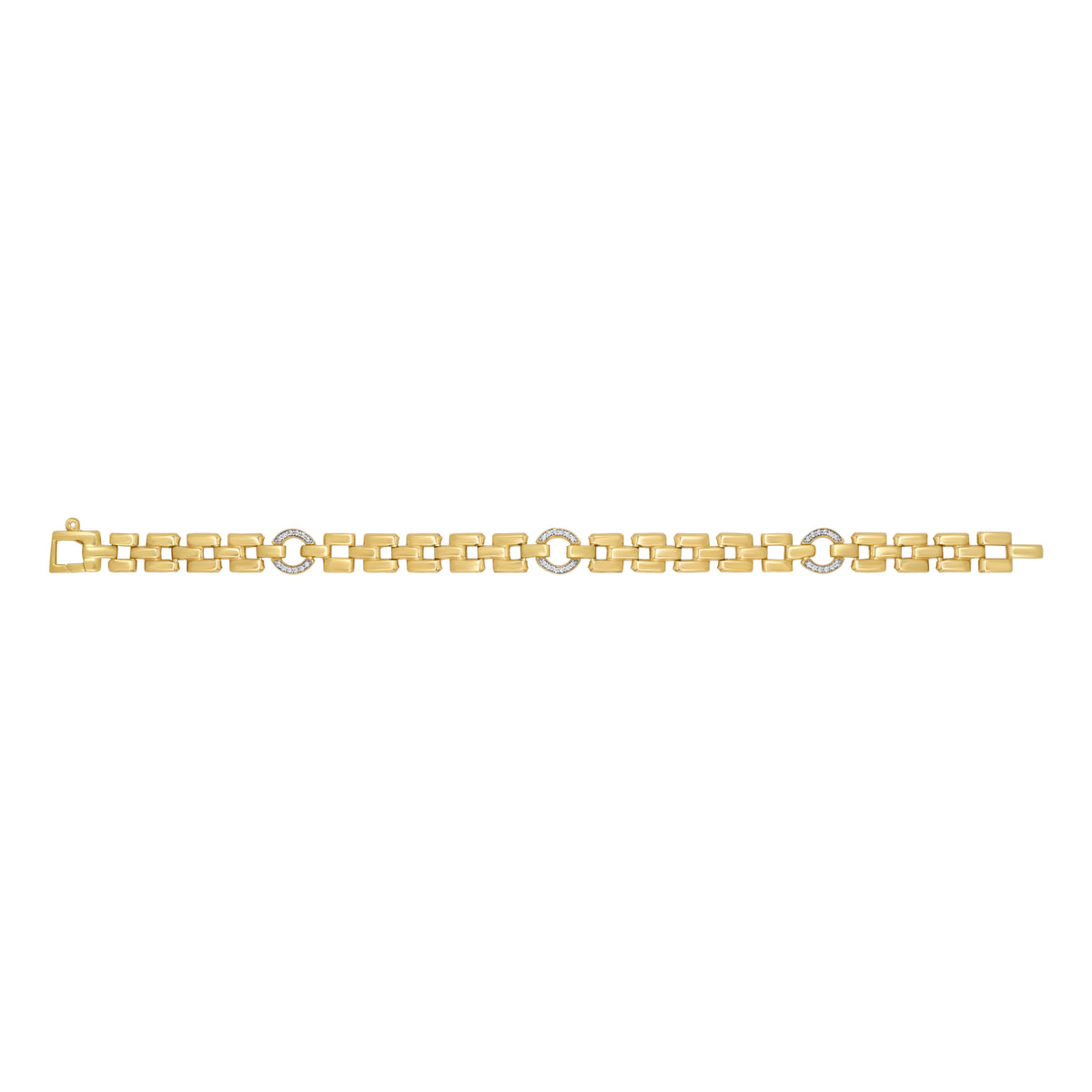 Sterling Silver Yellow Gold Plated 2 Row Brick Link Bracelet with 3 Cubic Zirconia Circles 7'