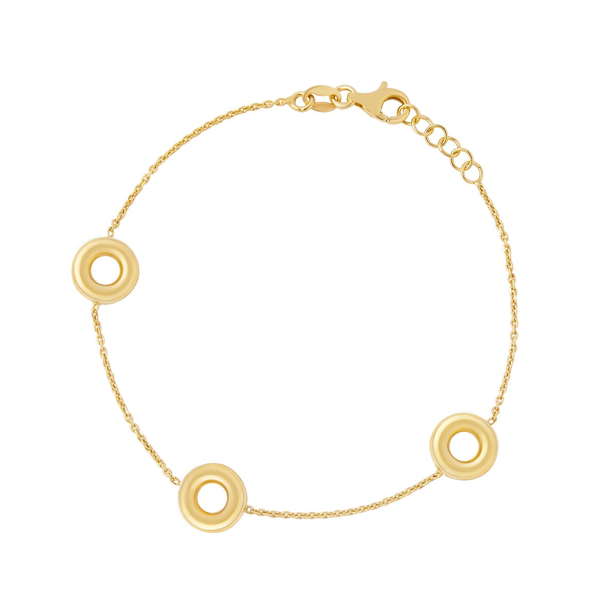 Sterling Silver Yellow Gold Plated 3 Circle Chain Bracelet 7.5'