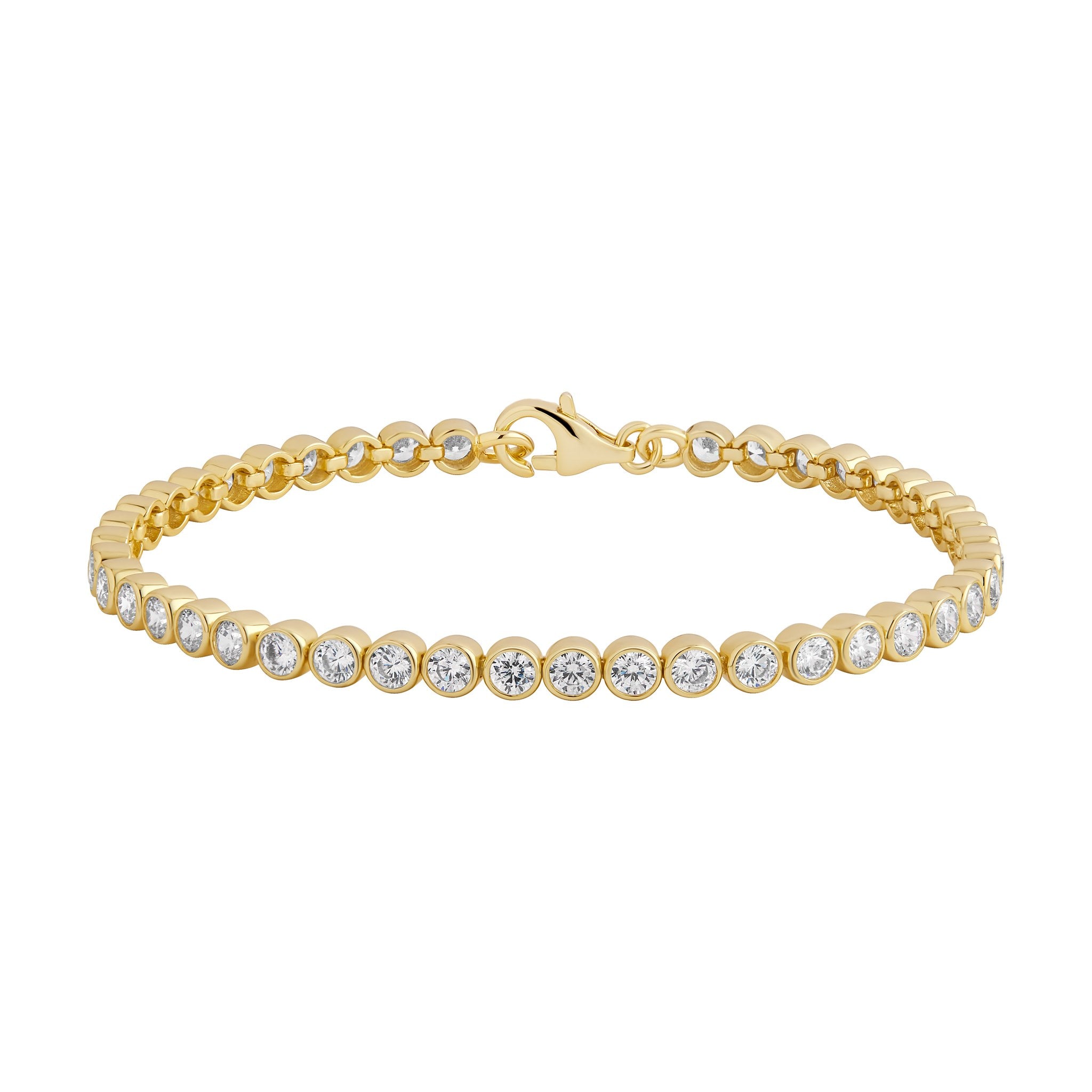 Sterling Silver Yellow Gold Plated Cubic Zirconia Rubover 3mm Tennis Bracelet 18.5cm