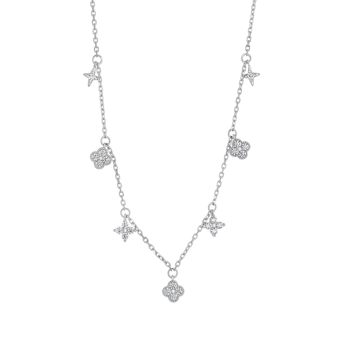 Sterling Silver Cubic Zirconia Clover Charm Necklace 16-18'