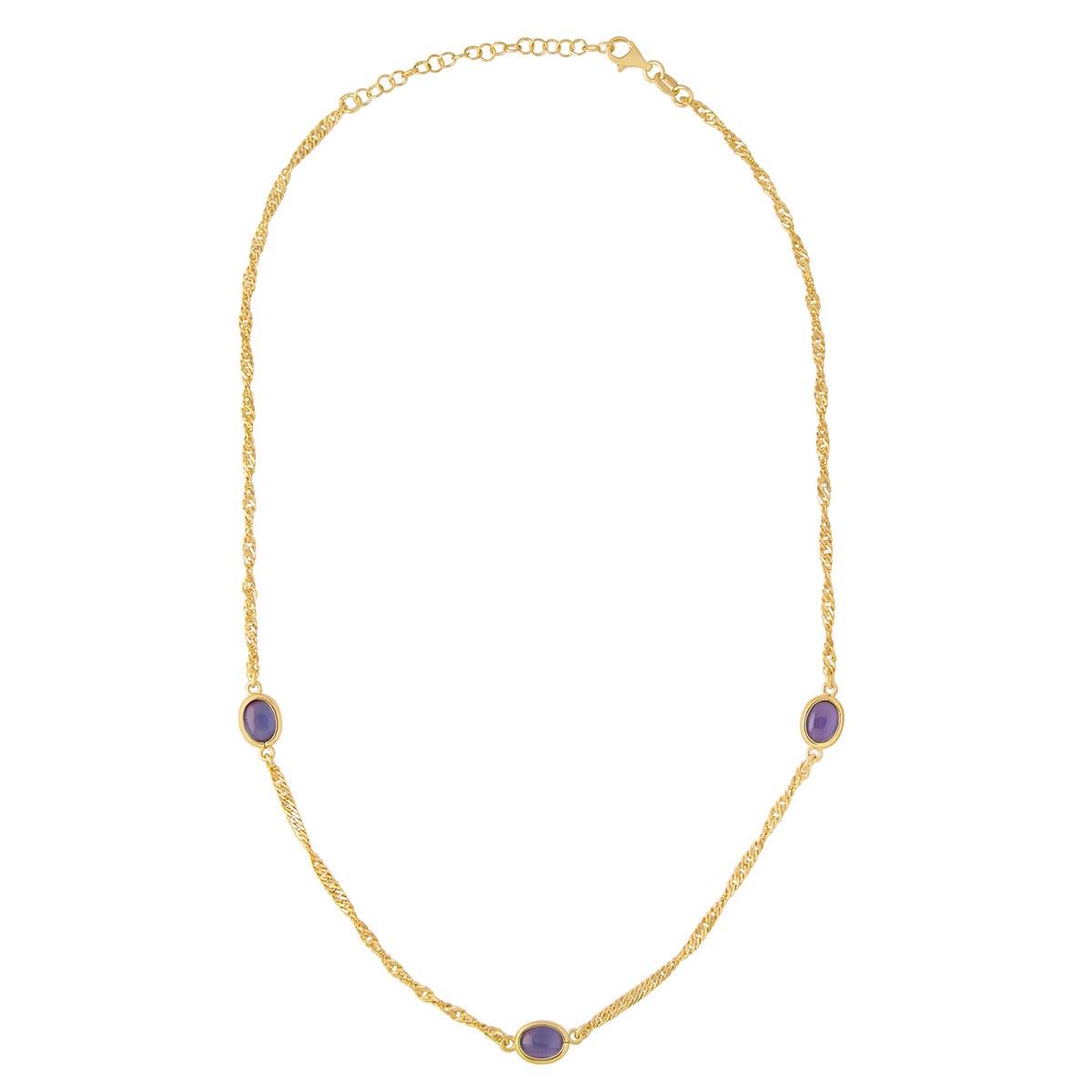 Sterling Silver Yellow Gold Plated Twisted Chain Necklace with 3 Purple Stones 15.5-17.5'