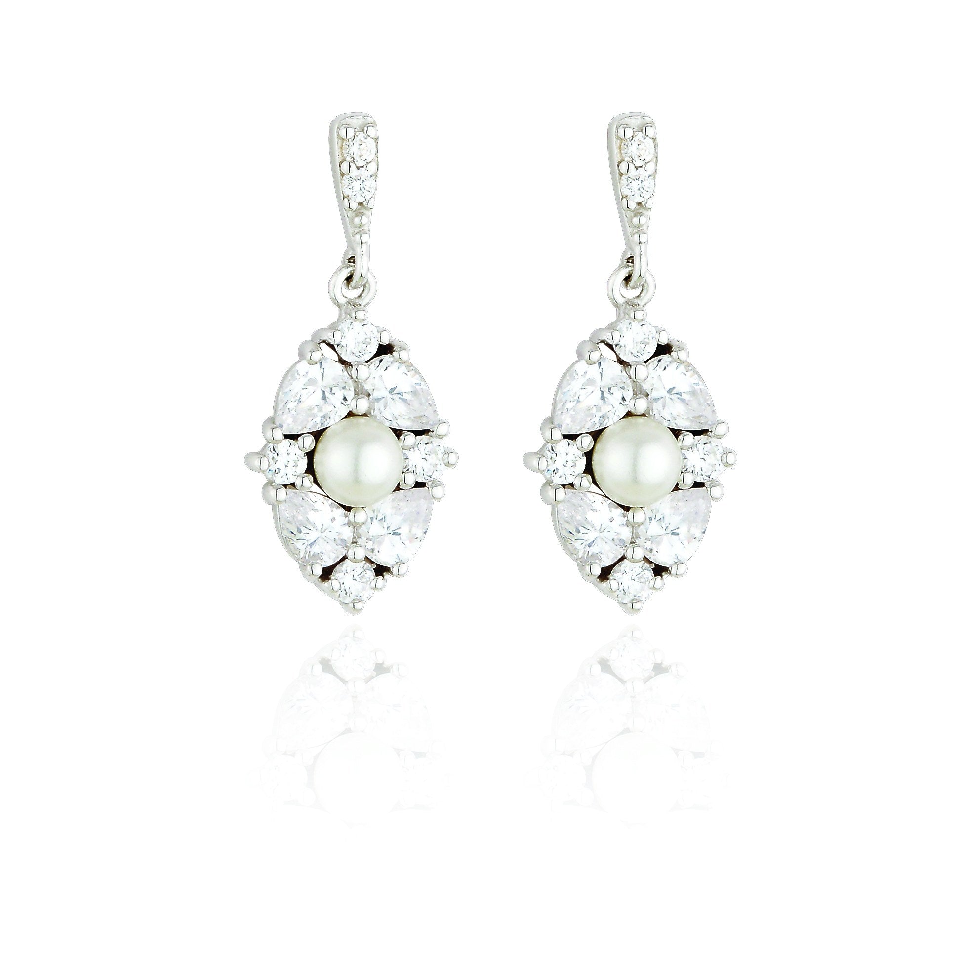 Sterling Silver Synthetic Pearl Cubic Zirconia Cluster Drop Earrings