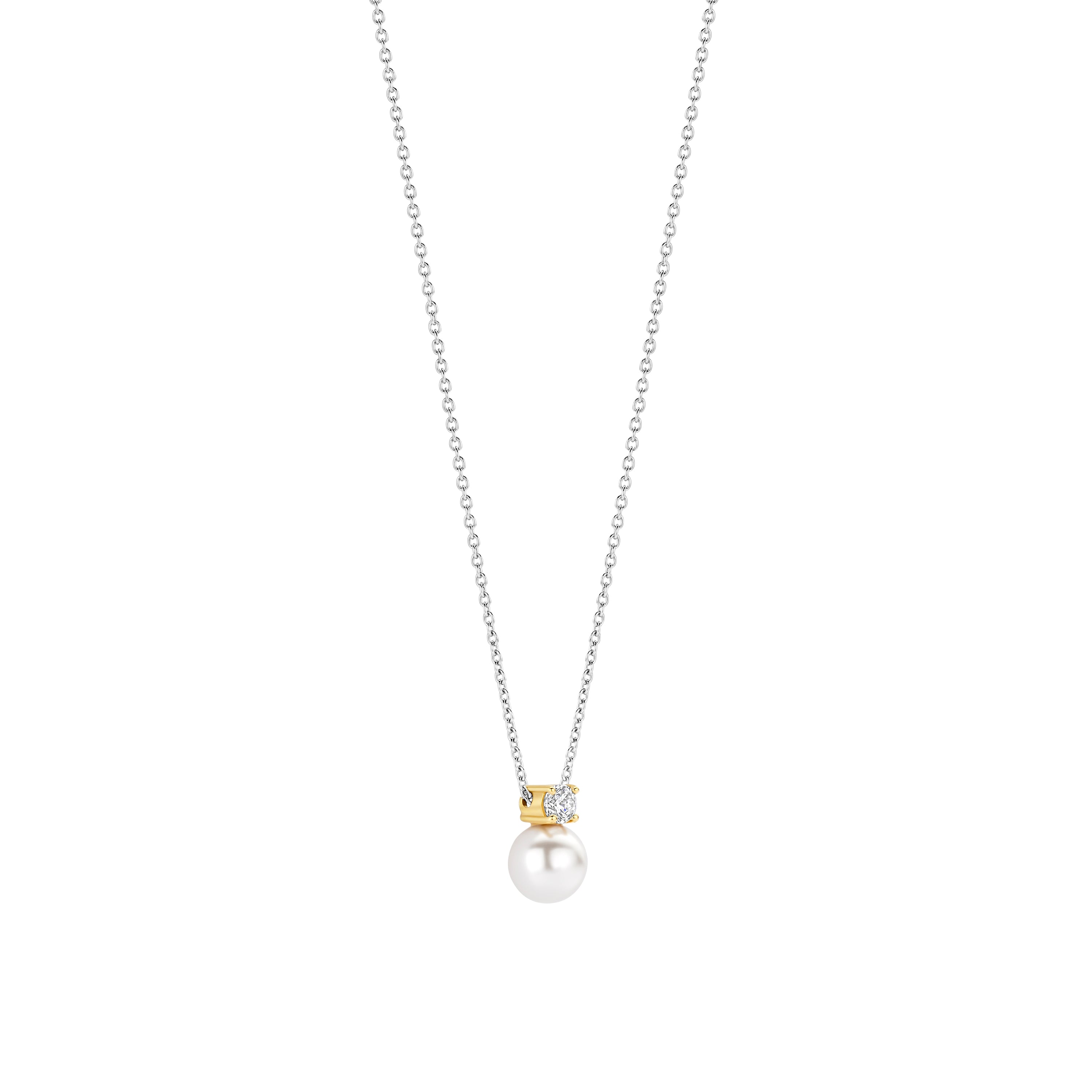 Ti Sento Sterling Silver & Yellow Gold Plated Shell Pearl Necklace with Cubic Zirconia 38-48cm