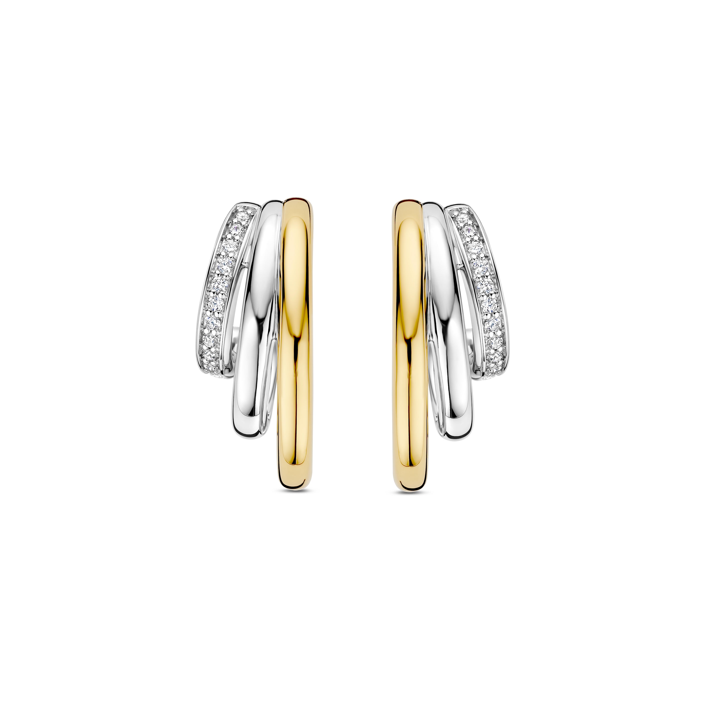 Ti Sento Sterling Silver & Yellow Gold Plated Triple Row Open Hoop Stud Earrings with Cubic Zirconia