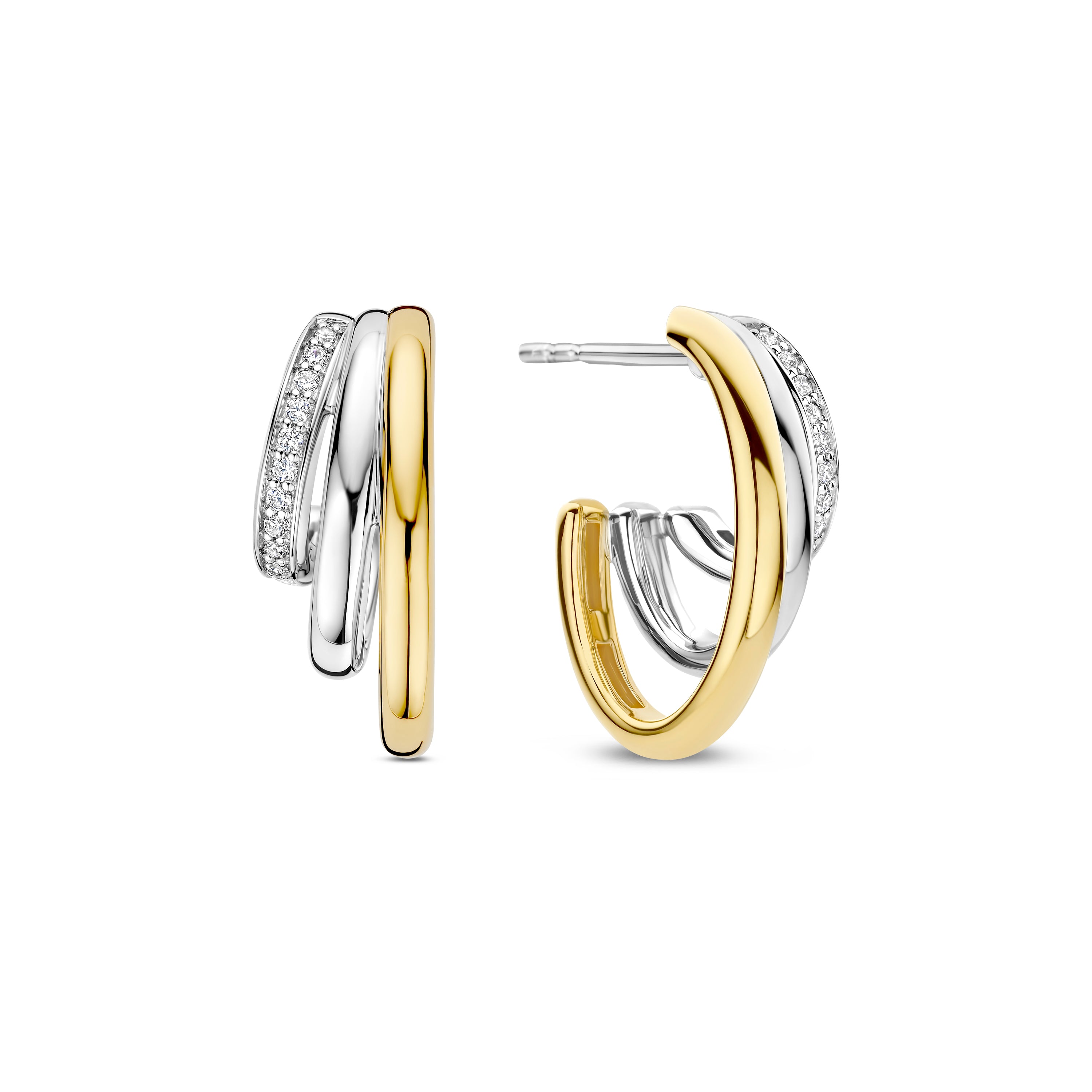 Ti Sento Sterling Silver & Yellow Gold Plated Triple Row Open Hoop Stud Earrings with Cubic Zirconia