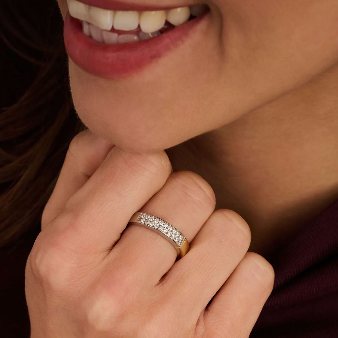 Ti Sento Sterling Silver & Yellow Gold Plated Half Plain & Half Cubic Zirconia Ring (Size 54)