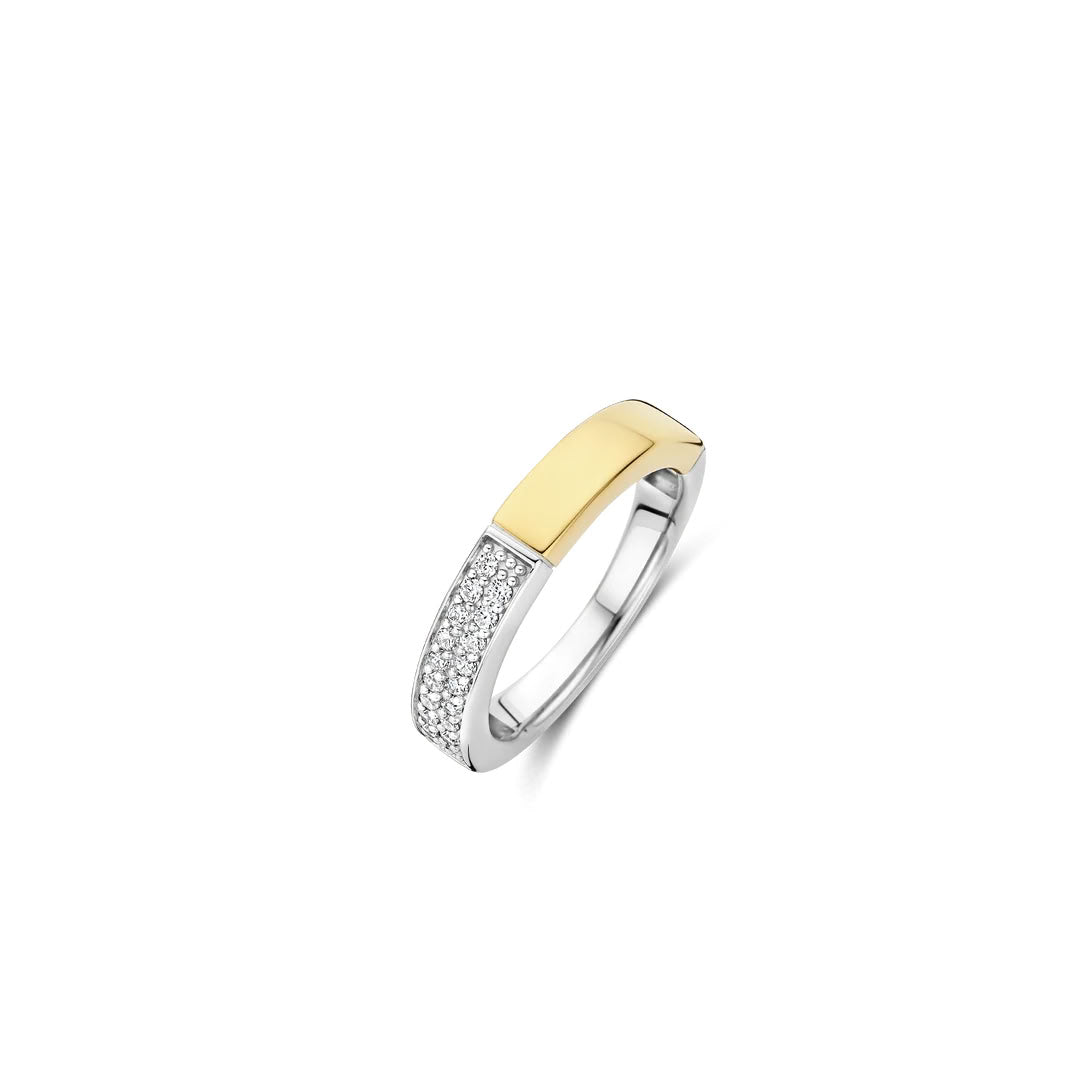 Ti Sento Sterling Silver & Yellow Gold Plated Half Plain & Half Cubic Zirconia Ring (Size 54)