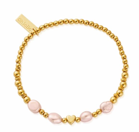 ChloBo Sterling Silver Yellow Gold Plated With Love Pink Pearl Bracelet