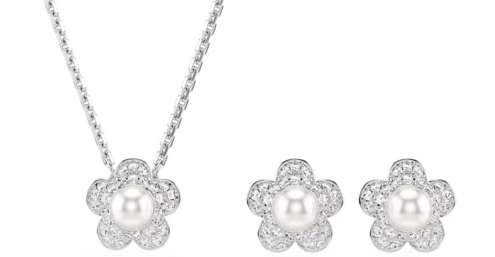 Swarovski Ariana Grande 2026 Capsule Angelic Set, Crystal Pearl, Round Cut, Flower, White, Necklace And Earrings, Rhodium Plated