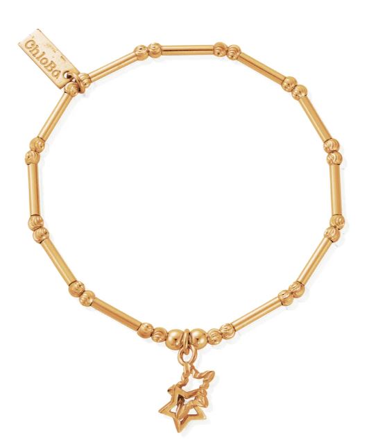 ChloBo Sterling Silver Yellow Gold Plated Dainty Moon Cut Sparkle Interlocking Star Bracelet