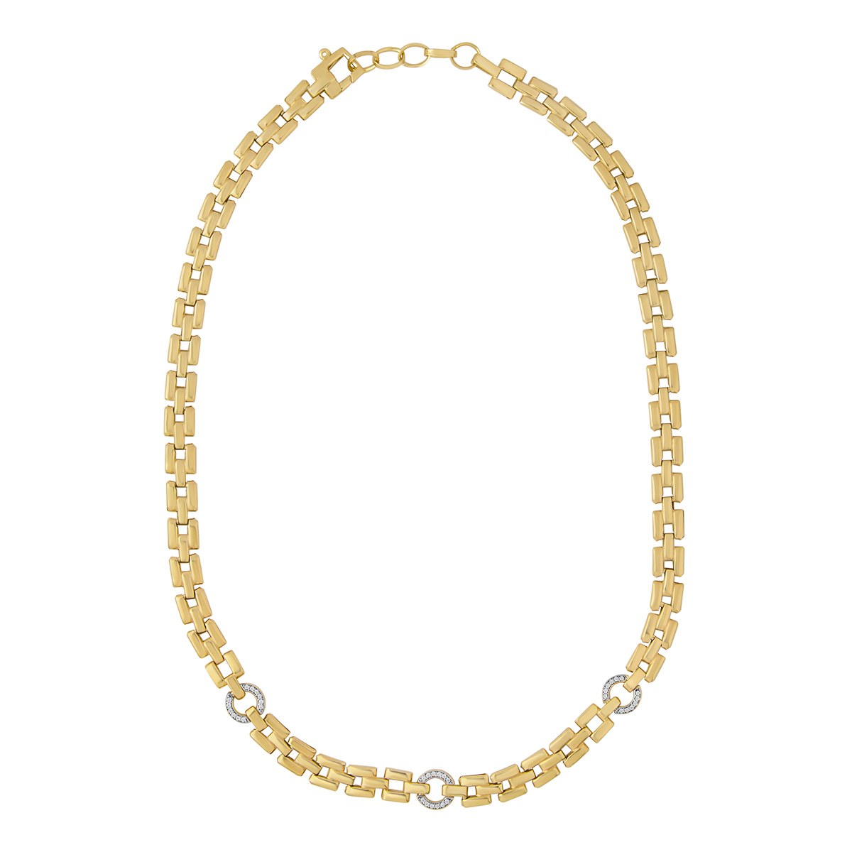 Sterling Silver Yellow Gold Plated 2 Row Brick Link Necklace with 3 Cubic Zirconia Circles 16-17.25'