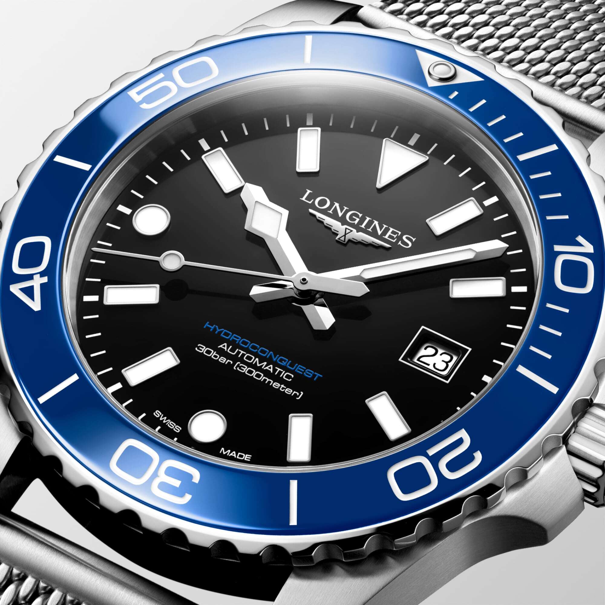 Longines HydroConquest 42mm Blue Bezel Mesh Bracelet Automatic Mens Watch