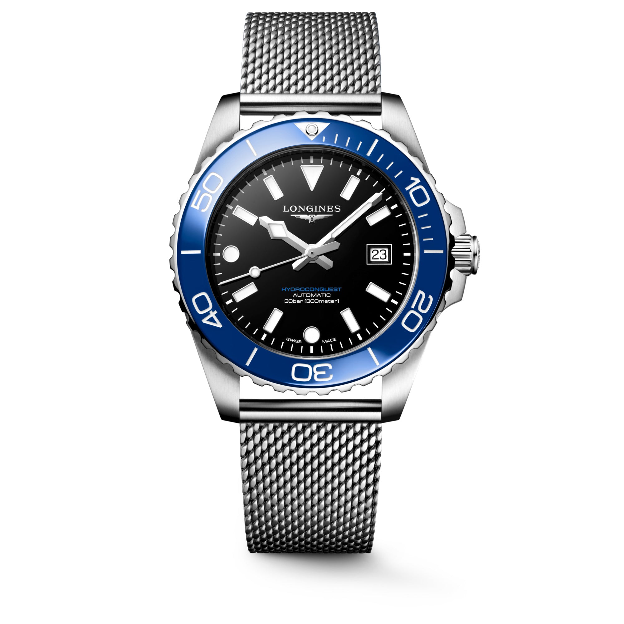 Longines HydroConquest 42mm Blue Bezel Mesh Bracelet Automatic Mens Watch