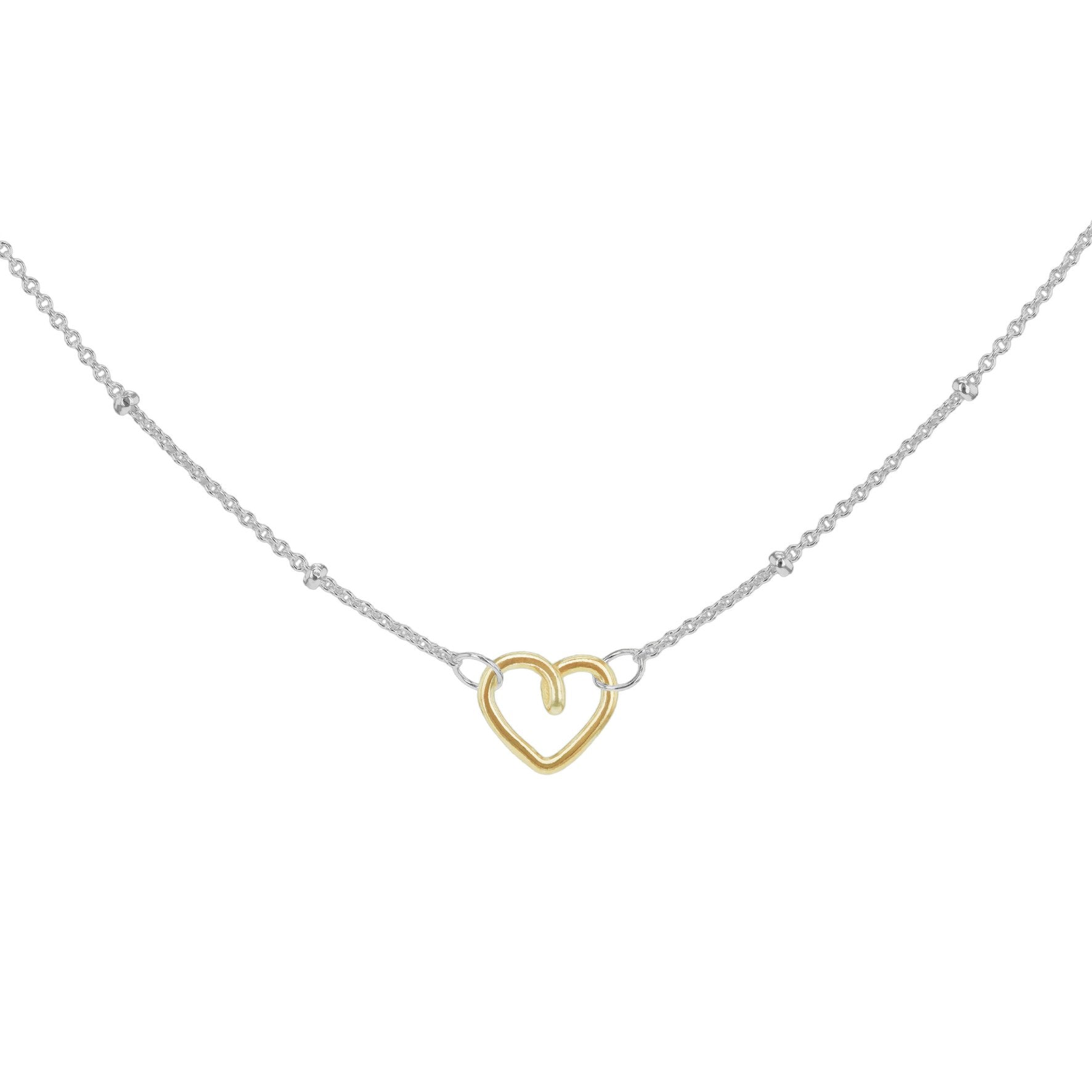 Sterling Silver Trace & Ball Chain Necklace with Yellow Gold Plated Heart 17-18'