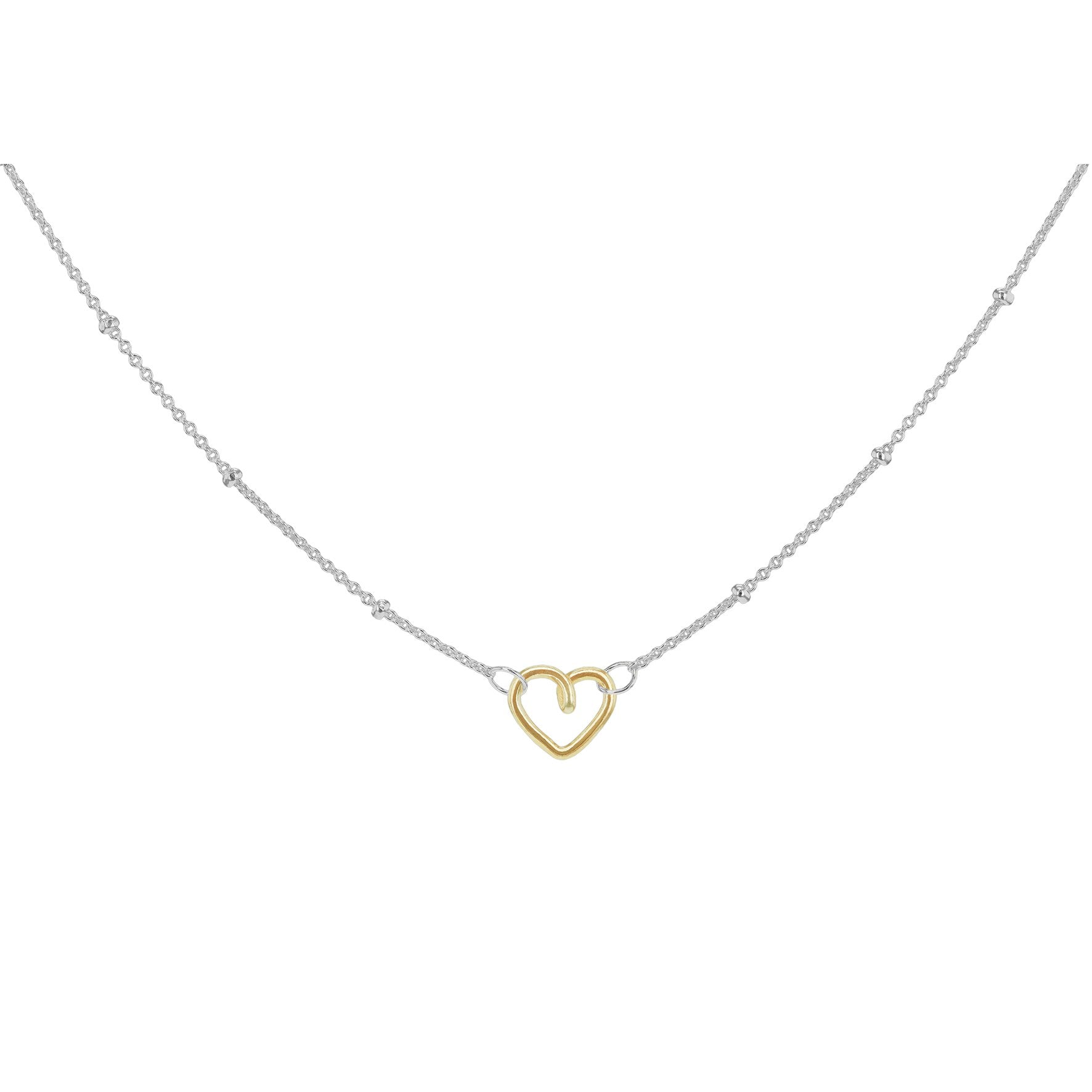 Sterling Silver Trace & Ball Chain Necklace with Yellow Gold Plated Heart 17-18'