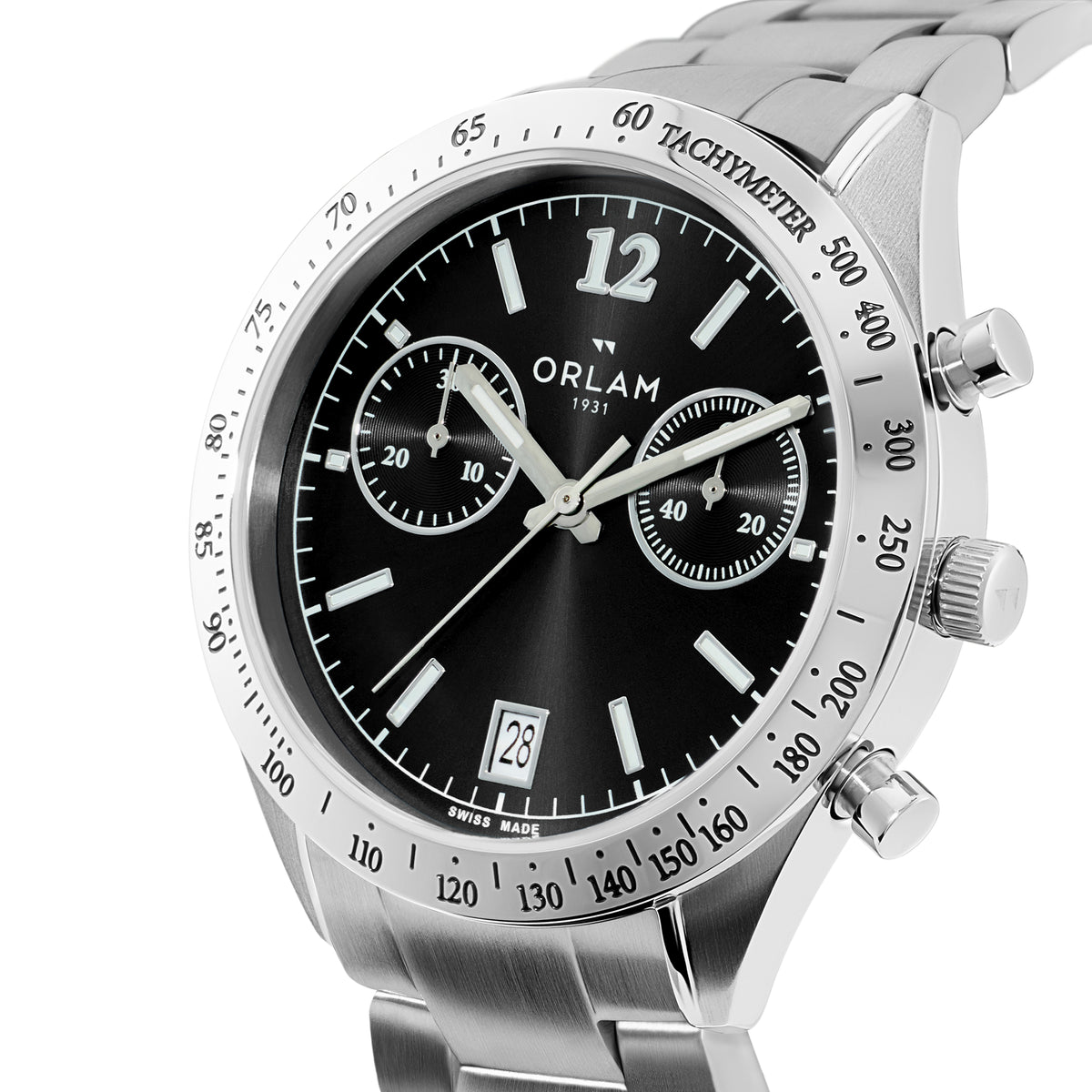 Orlam Legende 41mm Black Dial Stainless Steel Bracelet Quartz Chronograph Mens Watch