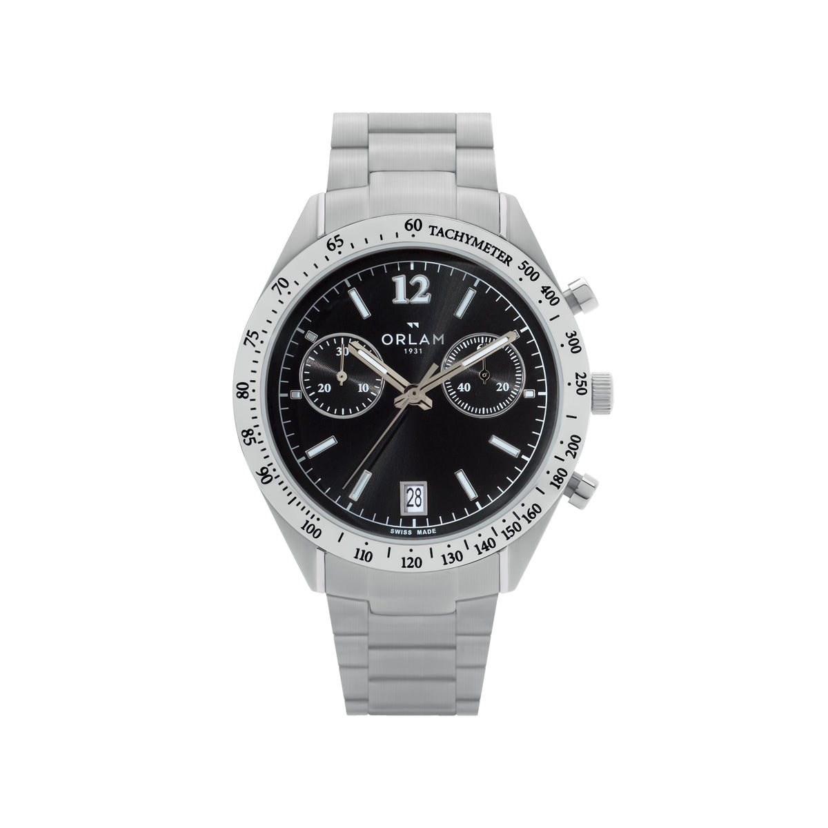 Orlam Legende 41mm Black Dial Stainless Steel Bracelet Quartz Chronograph Mens Watch