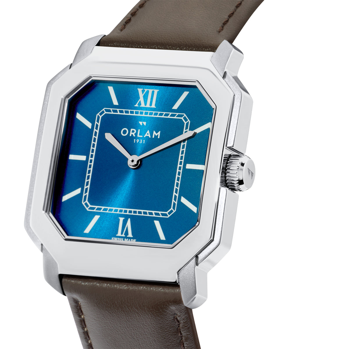 Orlam Heritage 36mm Blue Octagonal Dial Brown Leather Strap Quartz Mens Watch