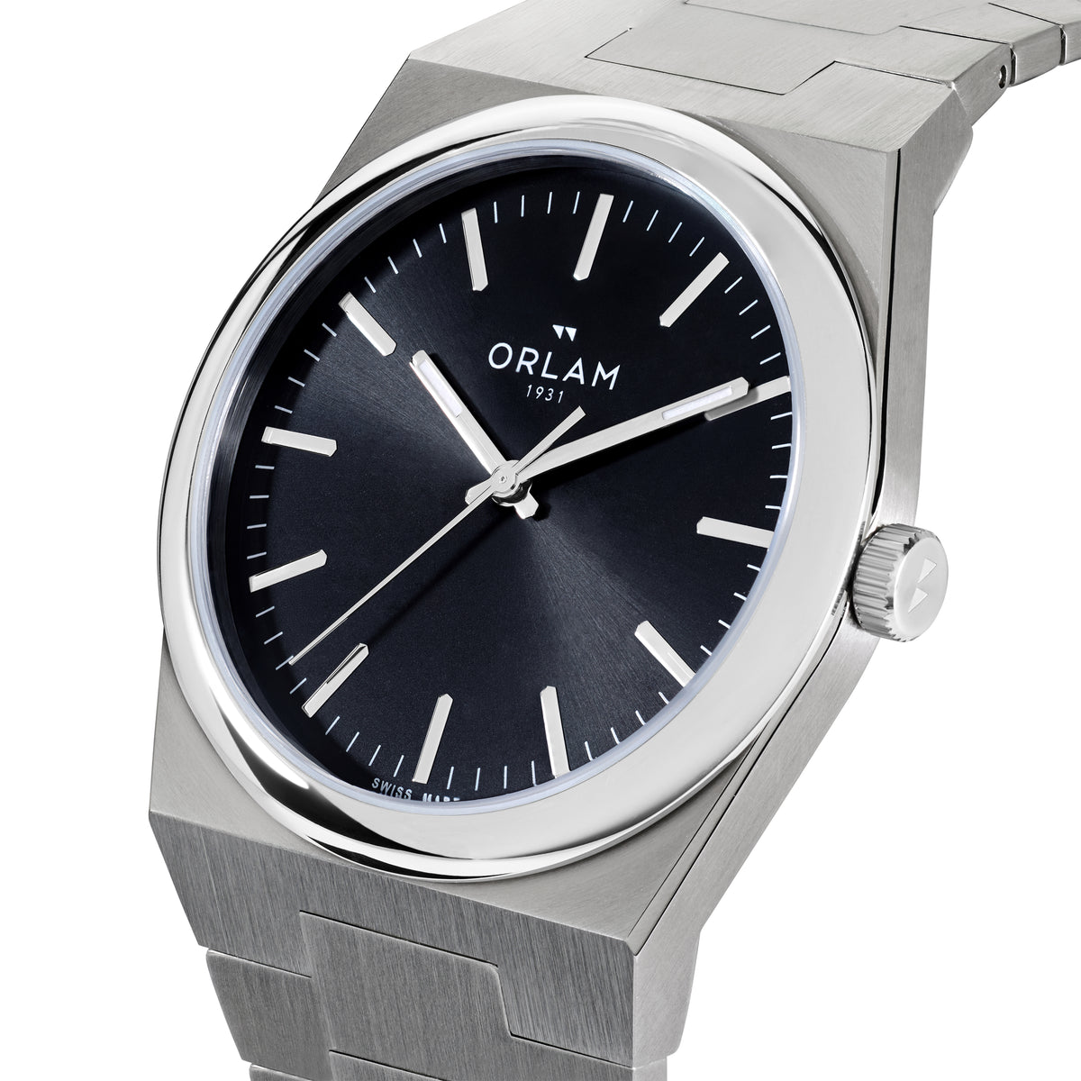 Orlam Elan 41mm Black Dial Stainless Steel Bracelet Quartz Mens Watch