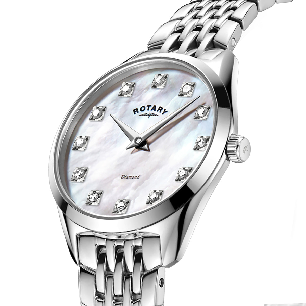 Rotary Ultra Slim Diamond 27mm Mother of Pearl Stainless Steel Bracelet Quartz Ladies Watch