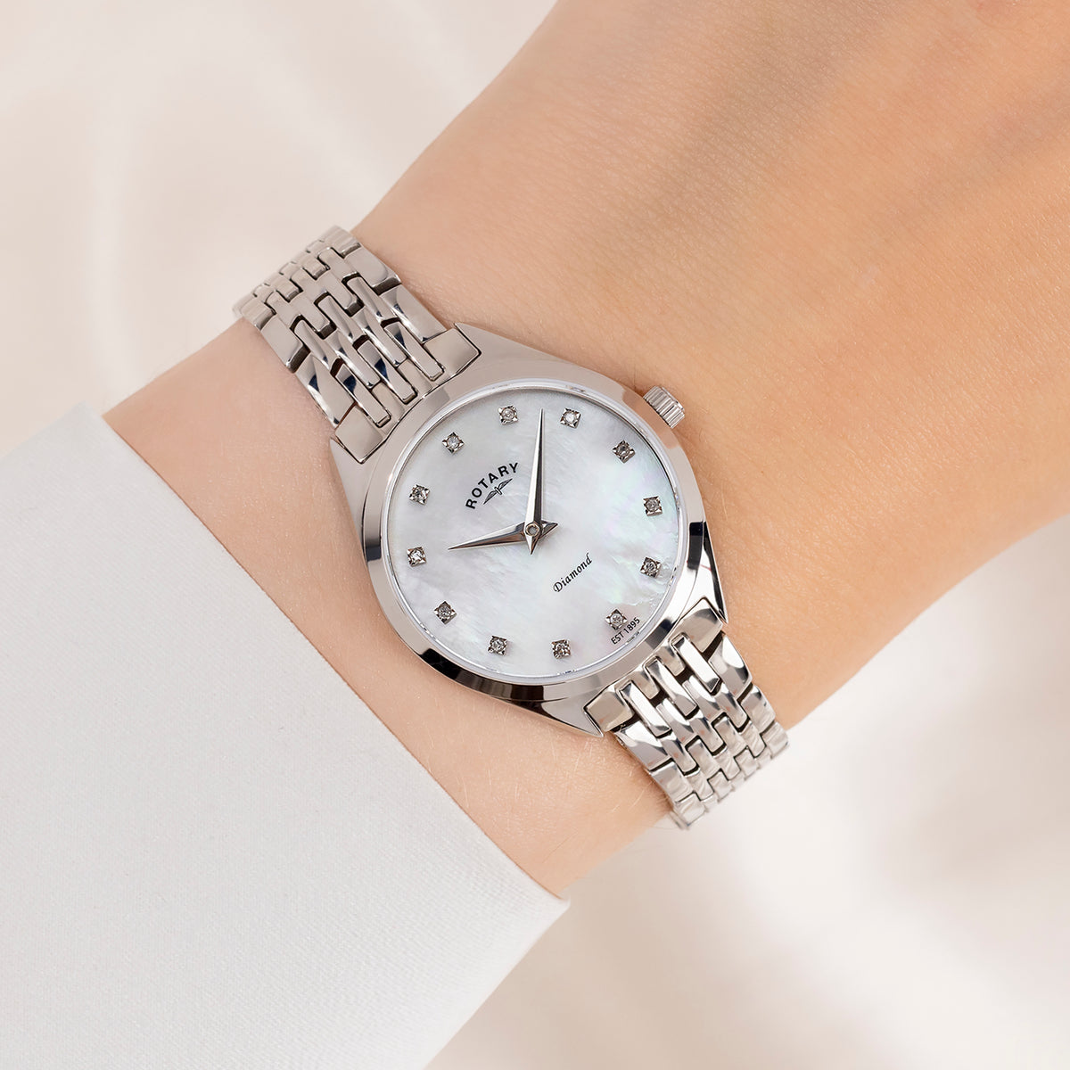Rotary Ultra Slim Diamond 27mm Mother of Pearl Stainless Steel Bracelet Quartz Ladies Watch