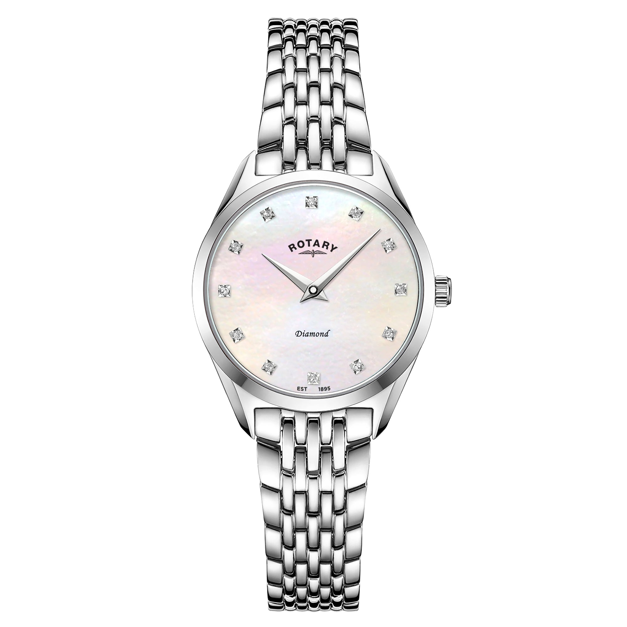 Rotary Ultra Slim Diamond 27mm Mother of Pearl Stainless Steel Bracelet Quartz Ladies Watch