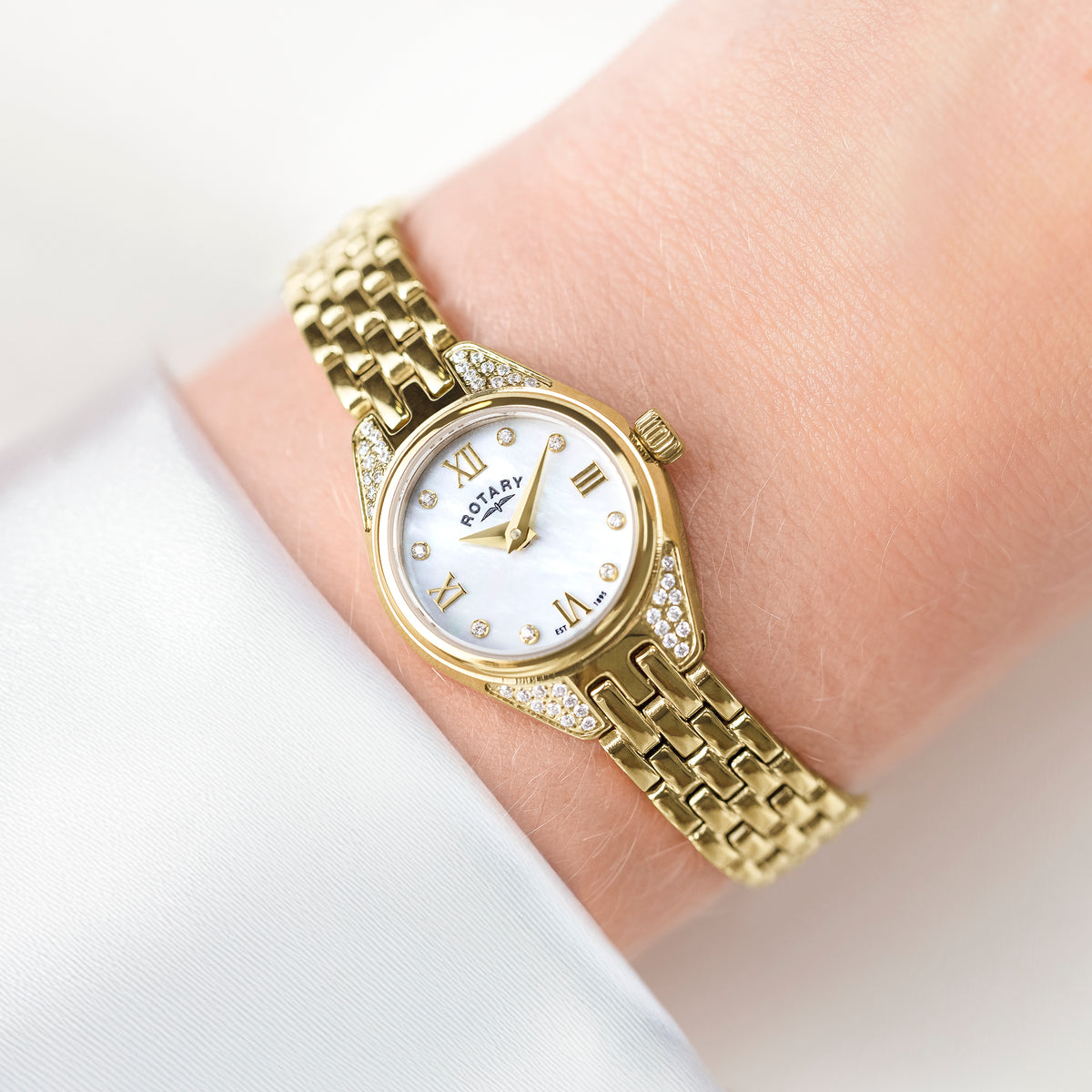 Rotary Cocktail 20mm Mother of Pearl Yellow Gold PVD Bracelet Quartz Ladies Watch