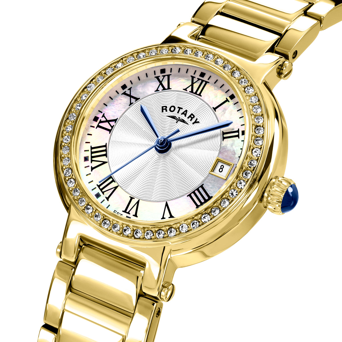 Rotary - Ladies Heritage Quartz Watch, Stainless Steel Yellow Gold PVD Plated Bracelet And 28mm Case, Sapphire Glass, Crystal-Set Bezel, White And Mother Of Pearl Dial With Black Roman Numerals, Date Window