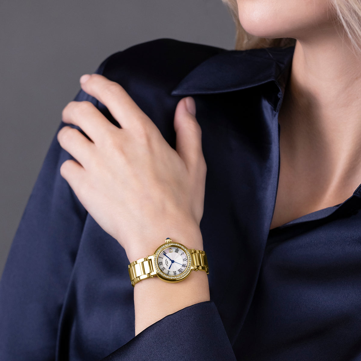 Rotary - Ladies Heritage Quartz Watch, Stainless Steel Yellow Gold PVD Plated Bracelet And 28mm Case, Sapphire Glass, Crystal-Set Bezel, White And Mother Of Pearl Dial With Black Roman Numerals, Date Window