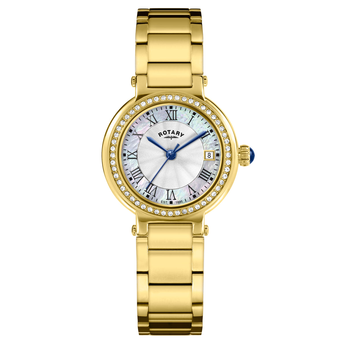 Rotary - Ladies Heritage Quartz Watch, Stainless Steel Yellow Gold PVD Plated Bracelet And 28mm Case, Sapphire Glass, Crystal-Set Bezel, White And Mother Of Pearl Dial With Black Roman Numerals, Date Window