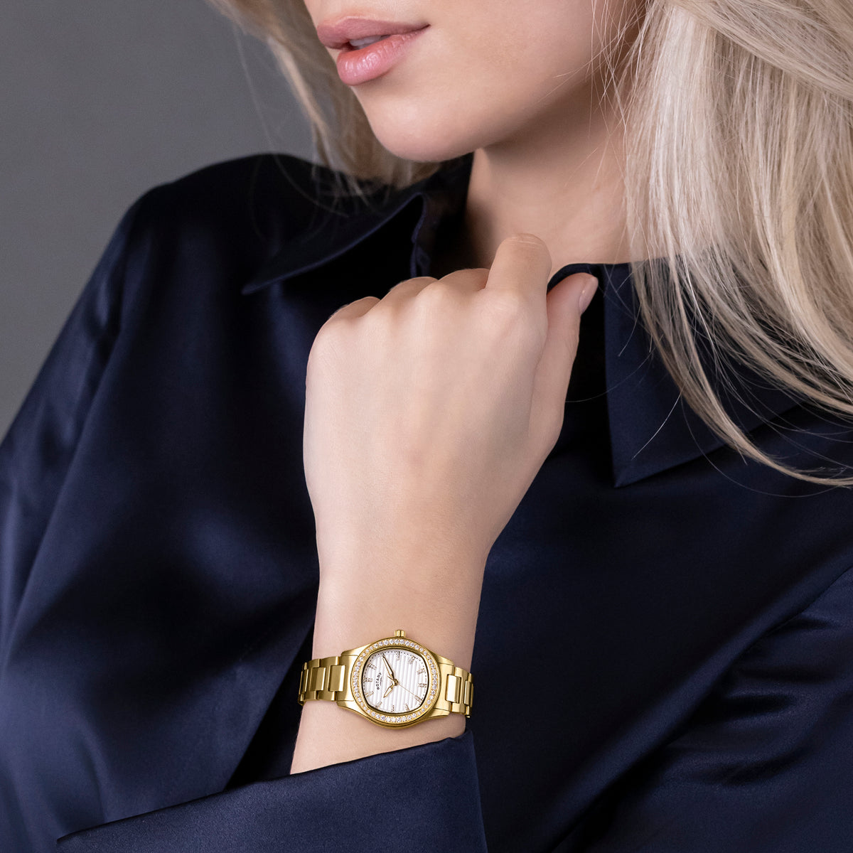 Rotary Brilliance 28mm White Dial Yellow Gold PVD Bracelet Quartz Ladies Watch