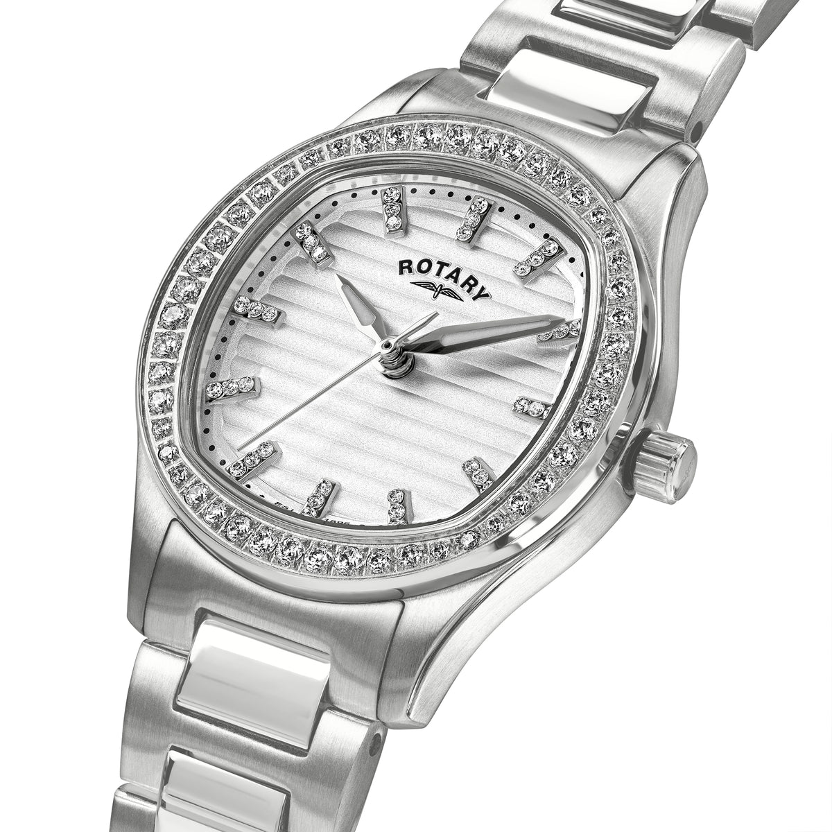 Rotary - Ladies Brilliance Quartz Watch, Stainless Steel Bracelet And 34mm Case, Crystal-Set Bezel, White Slatted Dial With Cubic Zirconia Indexes, Sapphire Glass