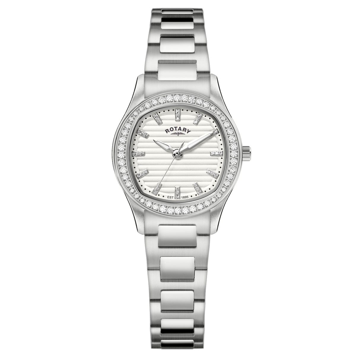 Rotary - Ladies Brilliance Quartz Watch, Stainless Steel Bracelet And 34mm Case, Crystal-Set Bezel, White Slatted Dial With Cubic Zirconia Indexes, Sapphire Glass