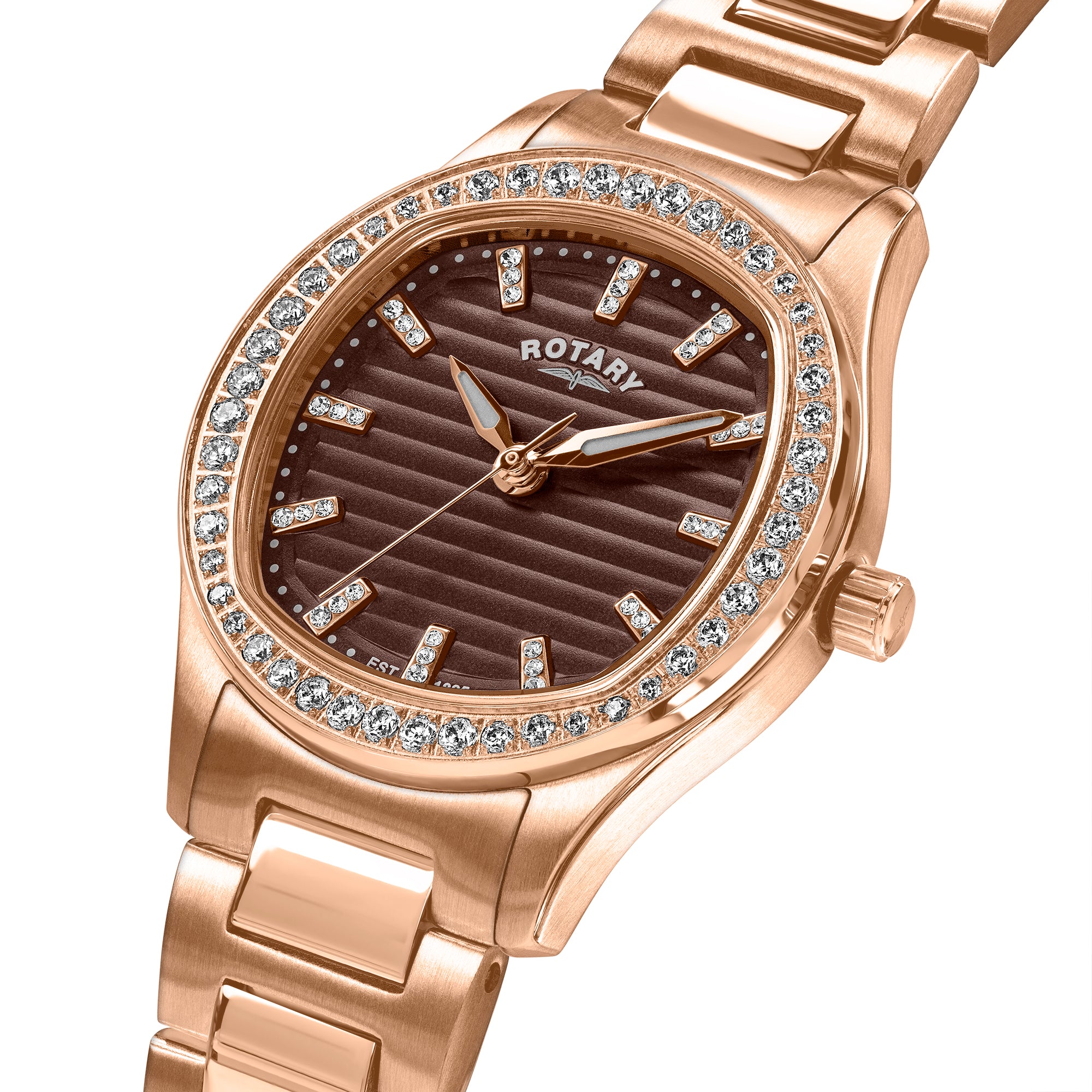 Rotary Brilliance 34mm Rose Gold PVD Brown Dial Bracelet Quartz Ladies Watch
