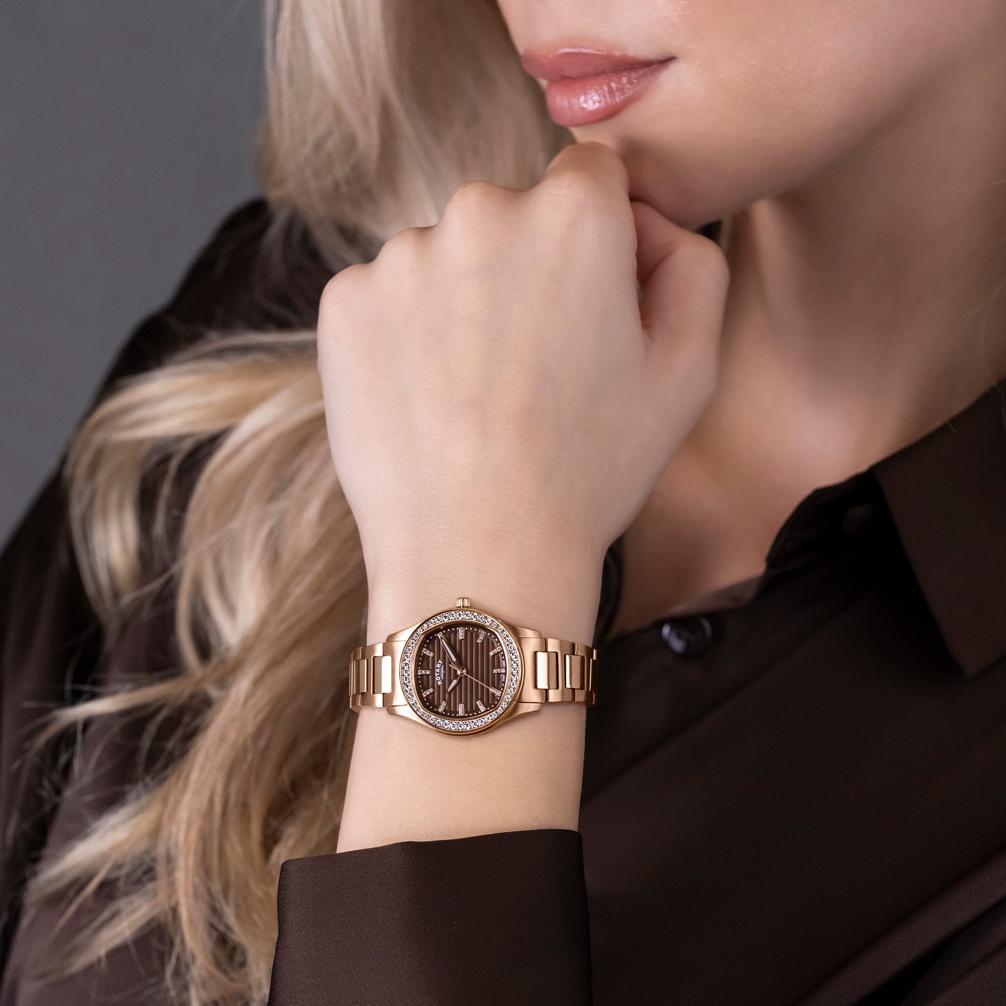 Rotary Brilliance 34mm Rose Gold PVD Brown Dial Bracelet Quartz Ladies Watch