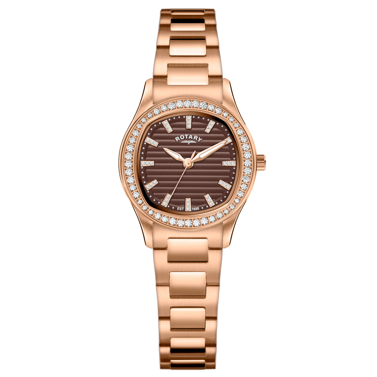 Rotary Brilliance 34mm Rose Gold PVD Brown Dial Bracelet Quartz Ladies Watch