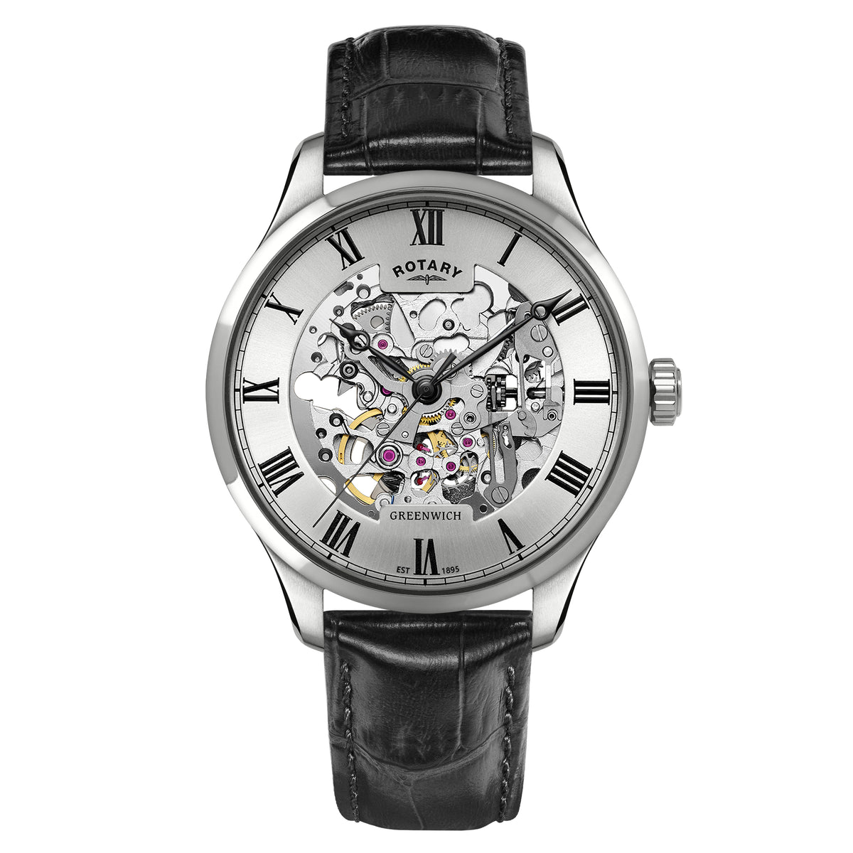 Rotary Greenwich 42mm Stainless Steel Black Leather Automatic Mens Watch
