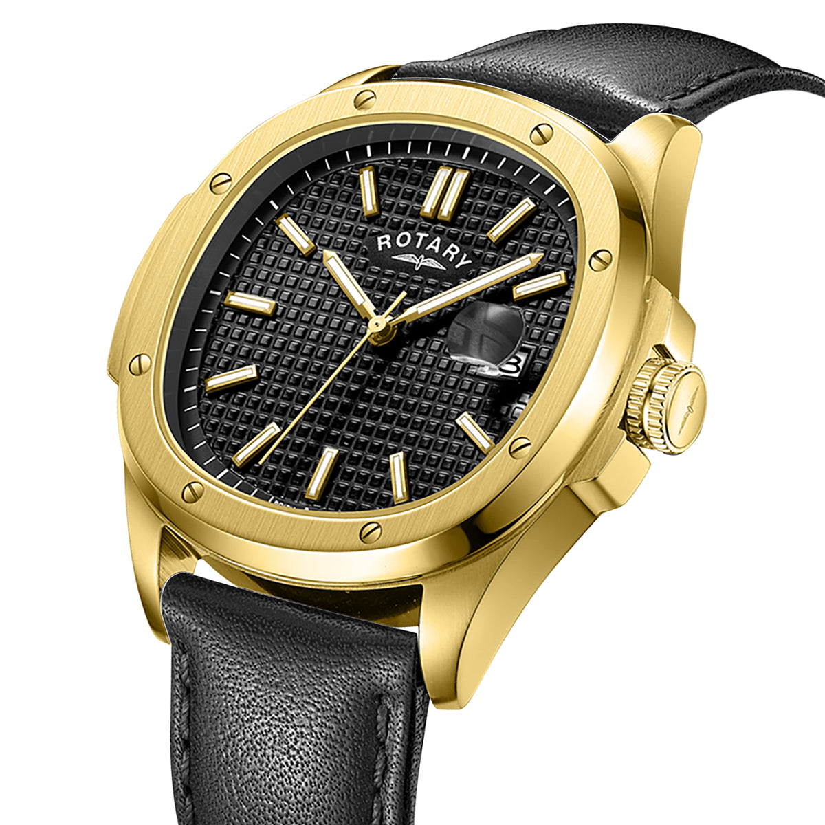 Rotary Apex100 40mm Yellow Gold PVD Black Dial Black Leather Quartz Mens Watch