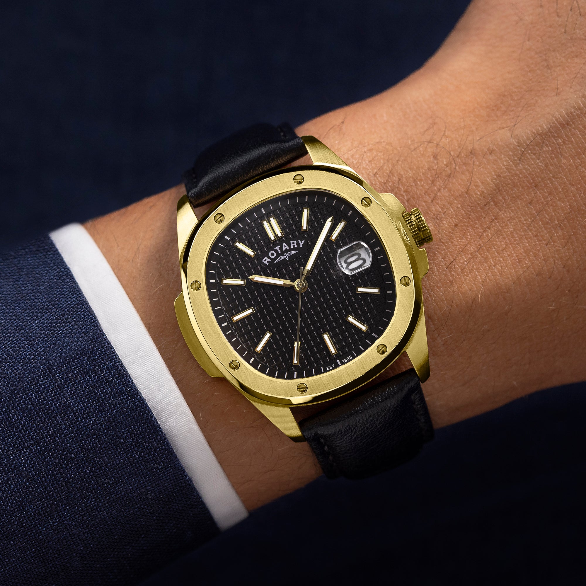 Rotary Apex100 40mm Yellow Gold PVD Black Dial Black Leather Quartz Mens Watch
