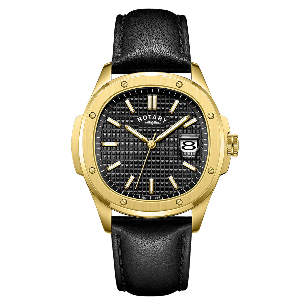 Rotary Apex100 40mm Yellow Gold PVD Black Dial Black Leather Quartz Mens Watch