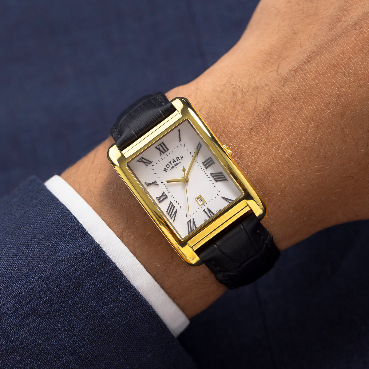 Rotary Heritage Astoria 29mm White Dial Yellow Gold PVD Black Leather Quartz Mens Watch