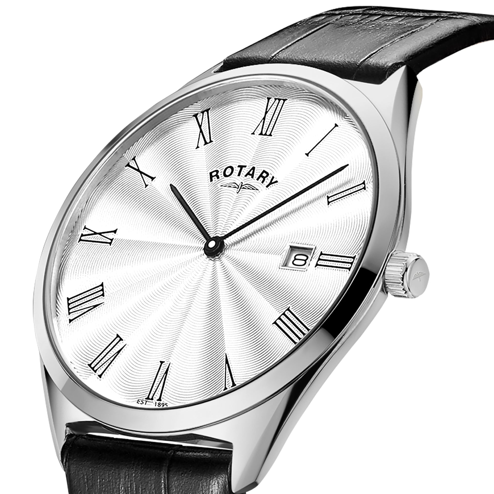 Rotary Ultra Slim 38mm Stainless Steel Black Leather Quartz Mens Watch