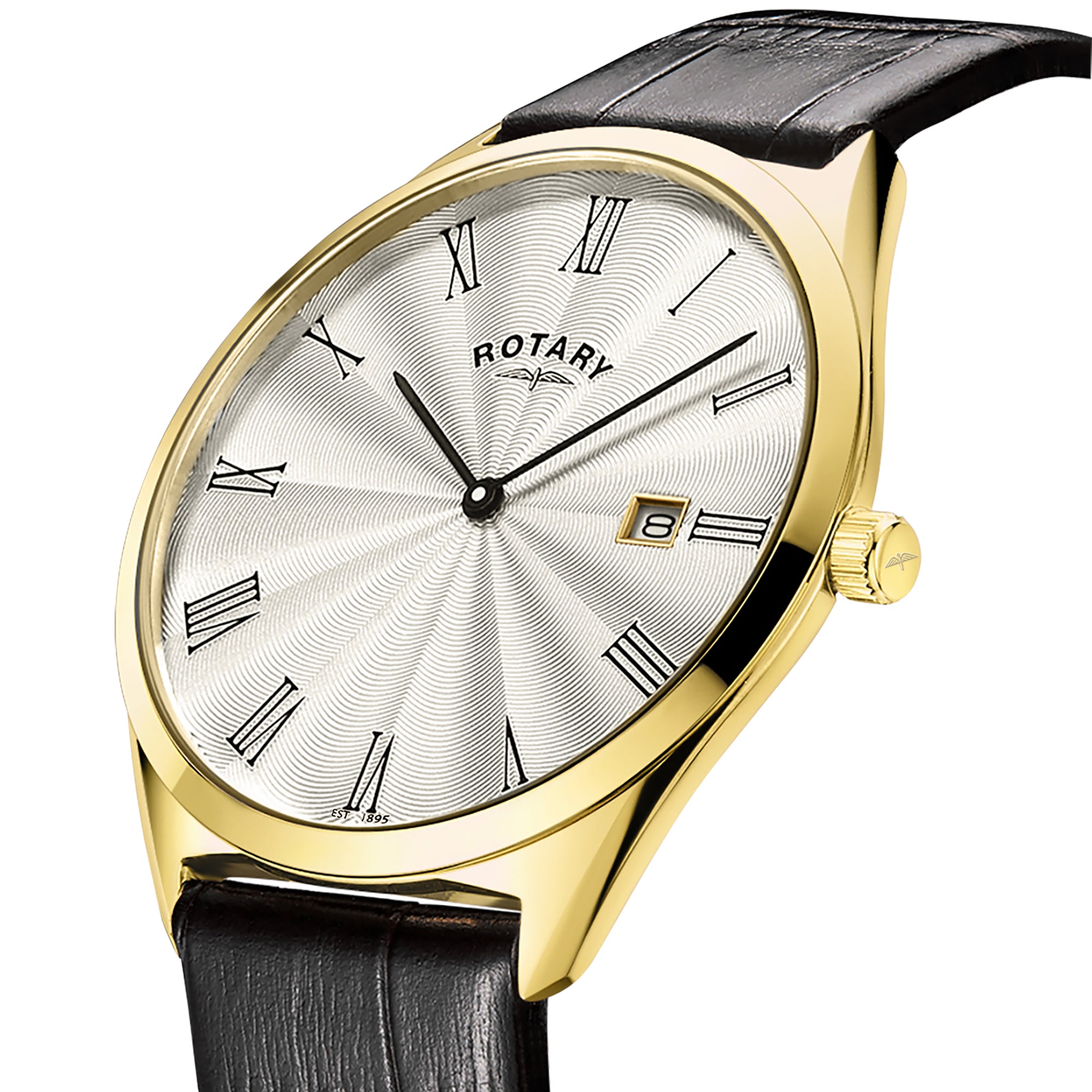 Rotary Ultra Slim 38mm Yellow Gold PVD Black Leather Quartz Mens Watch