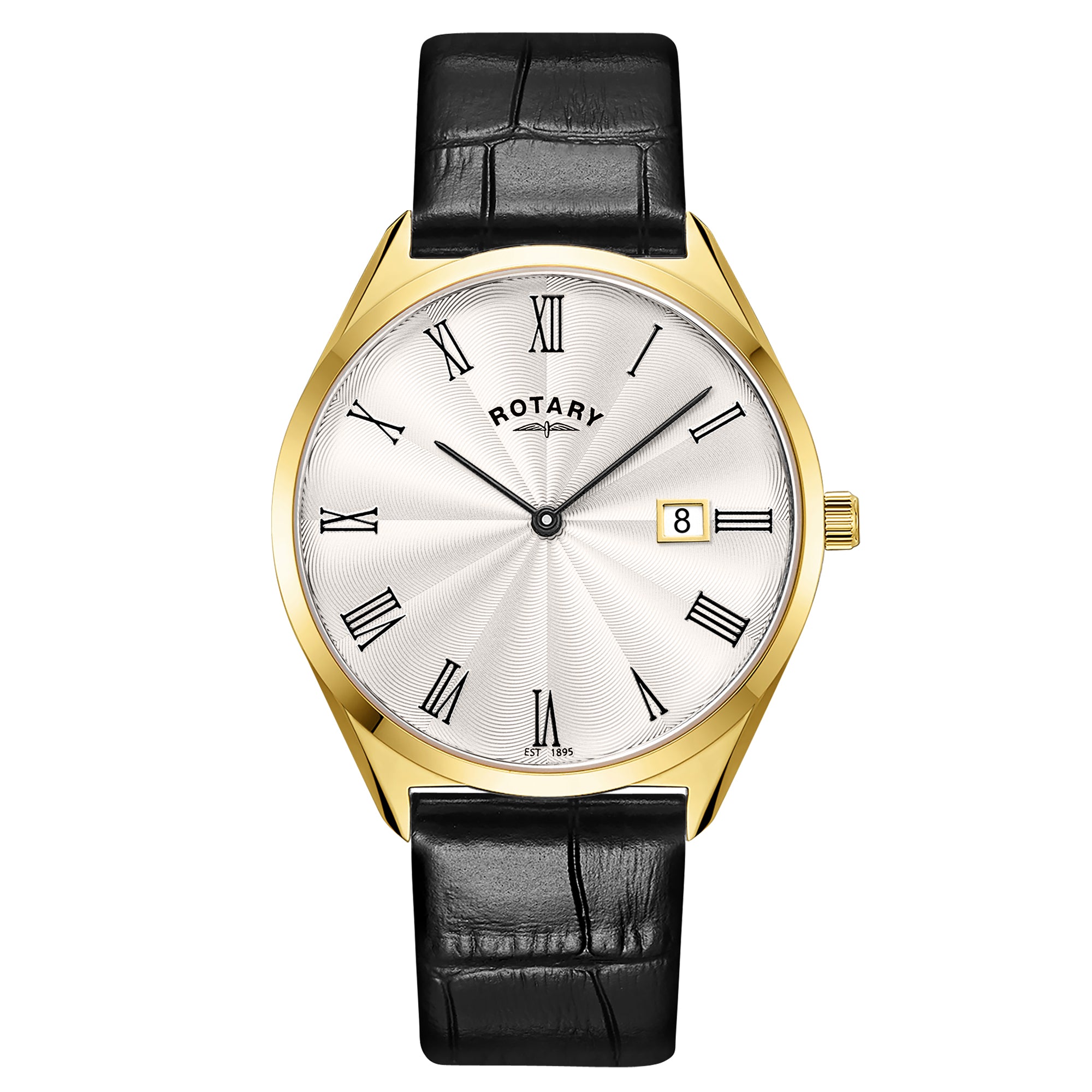 Rotary Ultra Slim 38mm Yellow Gold PVD Black Leather Quartz Mens Watch