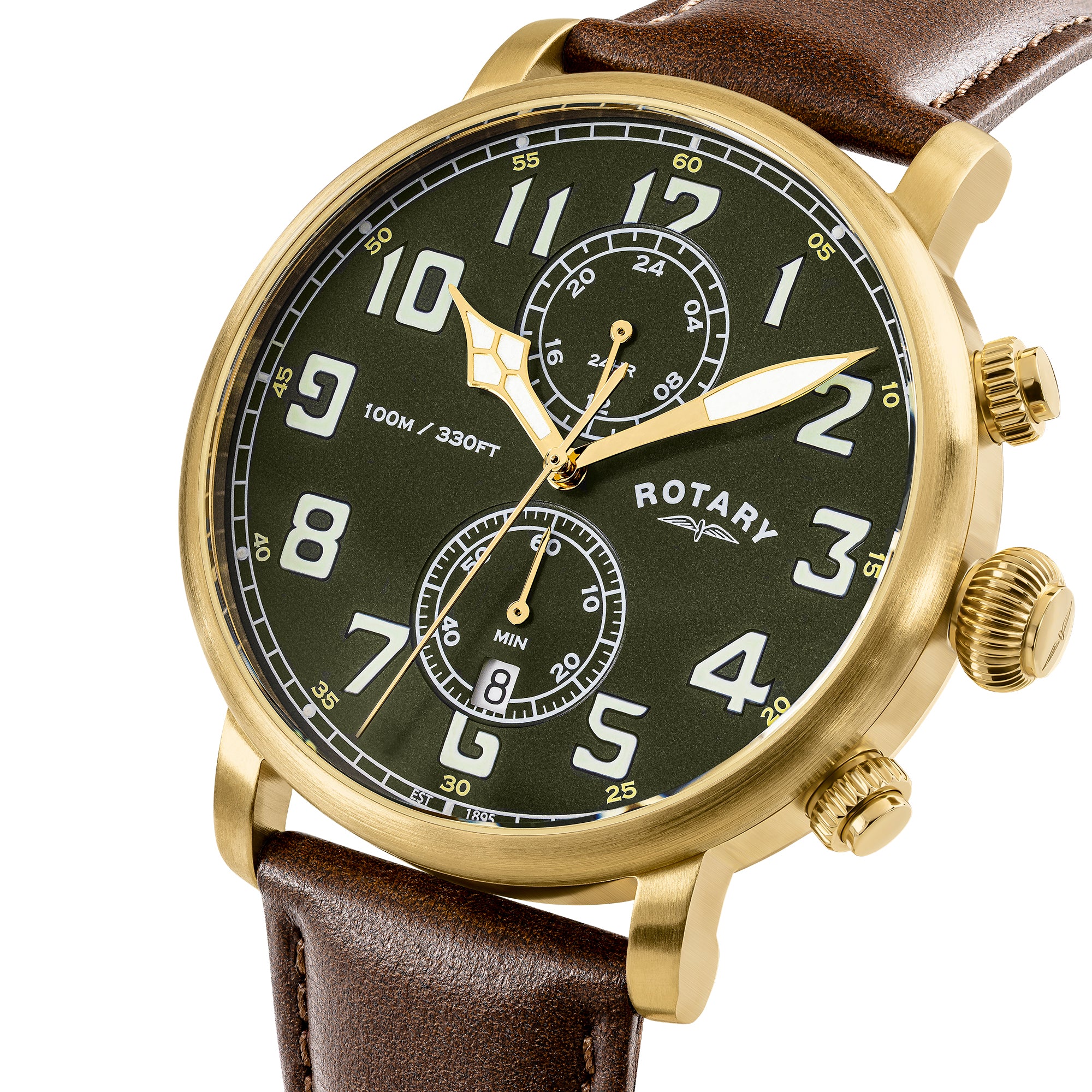 Rotary Apex100 Pilot 43mm Green Dial Yellow Gold PVD Brown Leather Quartz Chronograph Mens Watch