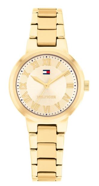 Tommy Hilfiger Ladies Becca Quartz Watch 28mm Champagne Dial Yellow Gold Plated Bracelet